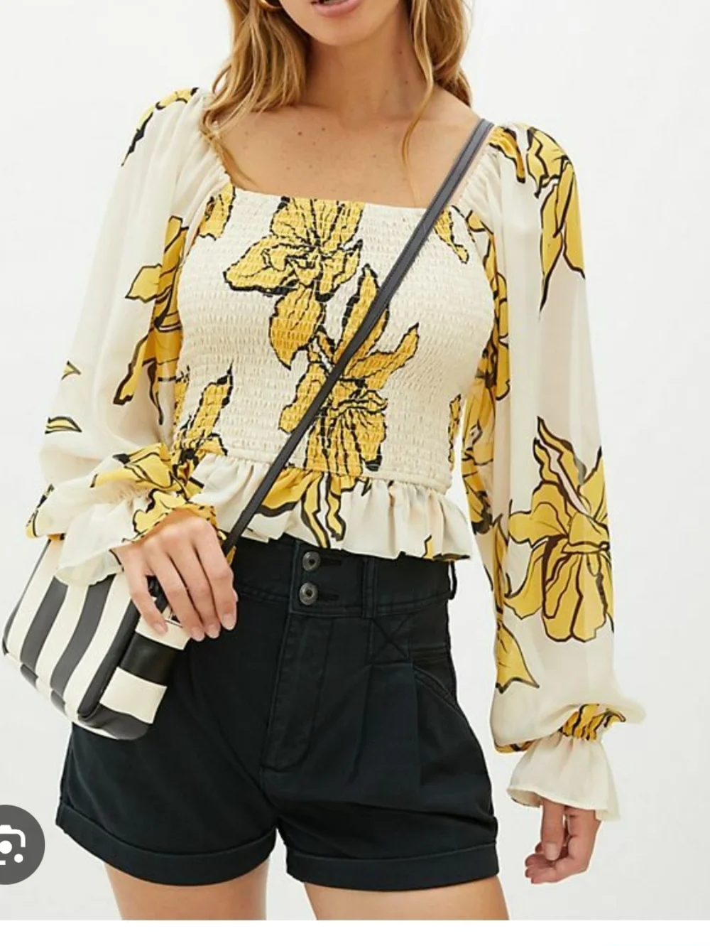NWOT Anthropologie Hutch Smocked Square Neck Peasant Top Yellow Floral XS Puff